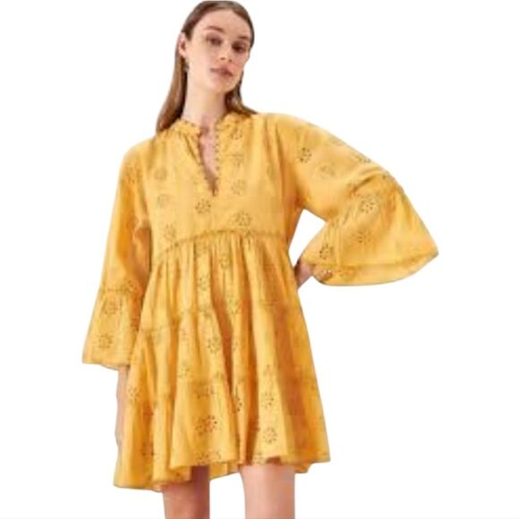 Rapsodia Balear Plain Dress Yellow Marigold Eyelet Bell Sleeve Women's Large - Picture 1 of 12